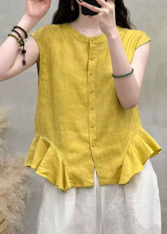 Handmade Green Ruffled Button Patchwork Linen Top Sleeveless