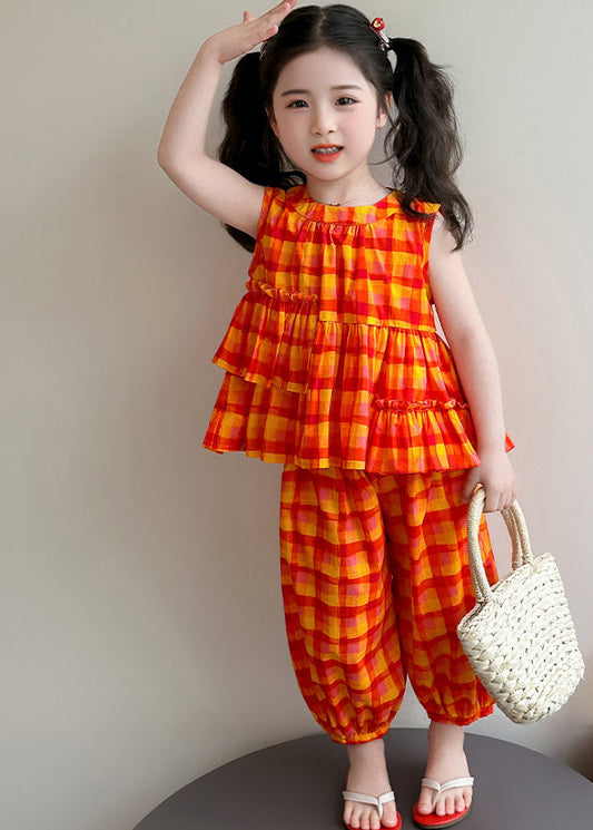 Handmade Orange Ruffled Plaid Cotton Kids Girls Women Sets 2 Pieces Summer