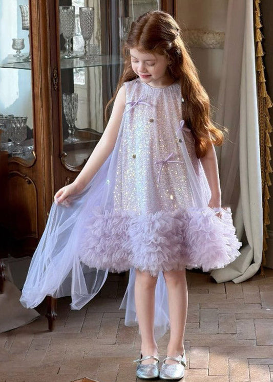 Handmade Purple Patchwork Bow Tulle Girls Long Dresses Summer