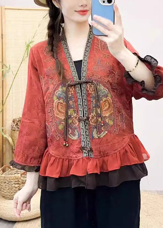Handmade Red Embroidered Patchwork Silk Shirt Bracelet Sleeve