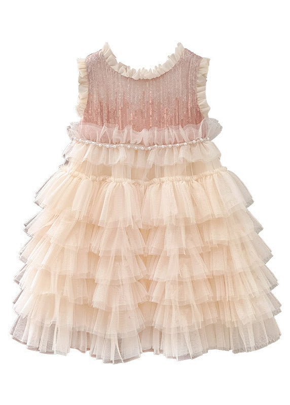 Handmade Ruffled Nail Bead Tulle Kids Long Cake Dress Sleeveless