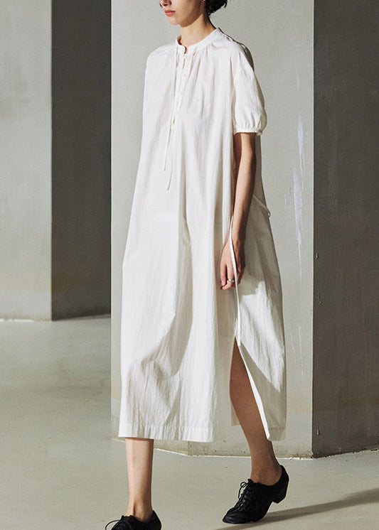 Handmade White O-Neck Cinched Loose Cotton Long Dresses Summer