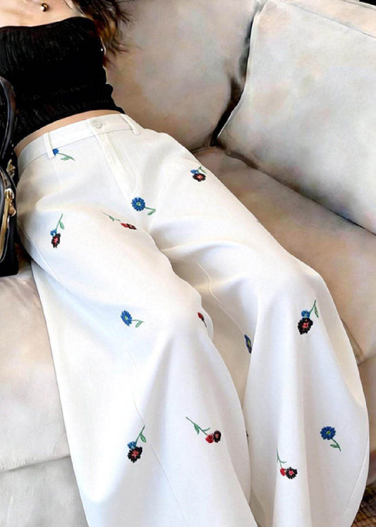 Handmade White Ruffled Patchwork Wide Leg Pants