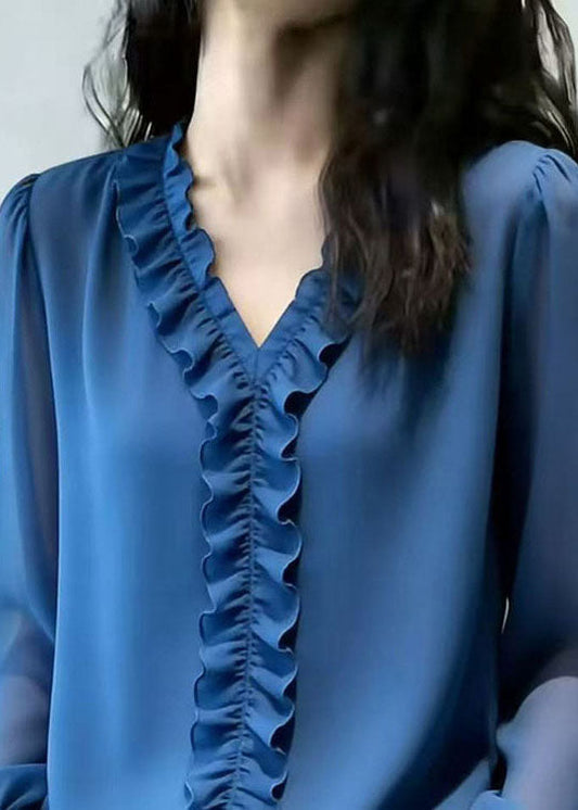 Italian Blue Ruffled Patchwork Chiffon Tops Spring