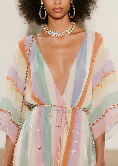 Italian Multicolored Striped Low High Design Chiffon Ankle Dress Summer