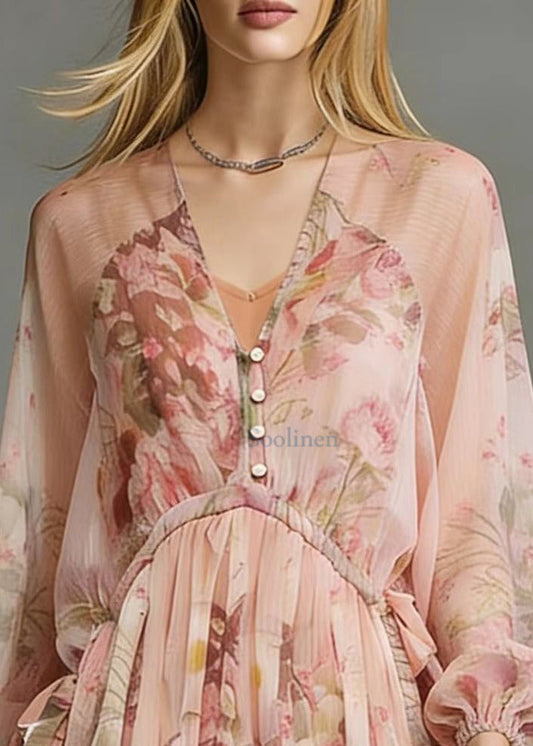 Italian Pink Cinched Print Chiffon Tea Dress Spring
