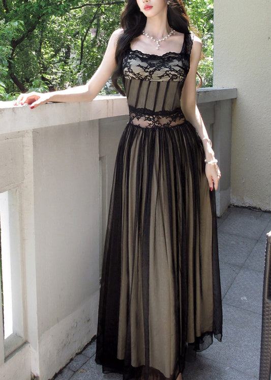 Italian Red Lace Patchwork Tie Waist Tulle Maxi Spaghetti Strap Dress Summer