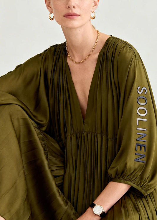 Italian Tea Green Oversized Wrinkled Chiffon Party Dress Summer
