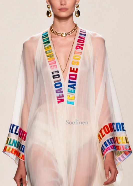 Italian White V Neck Letter Print Chiffon Sheer Dress Summer
