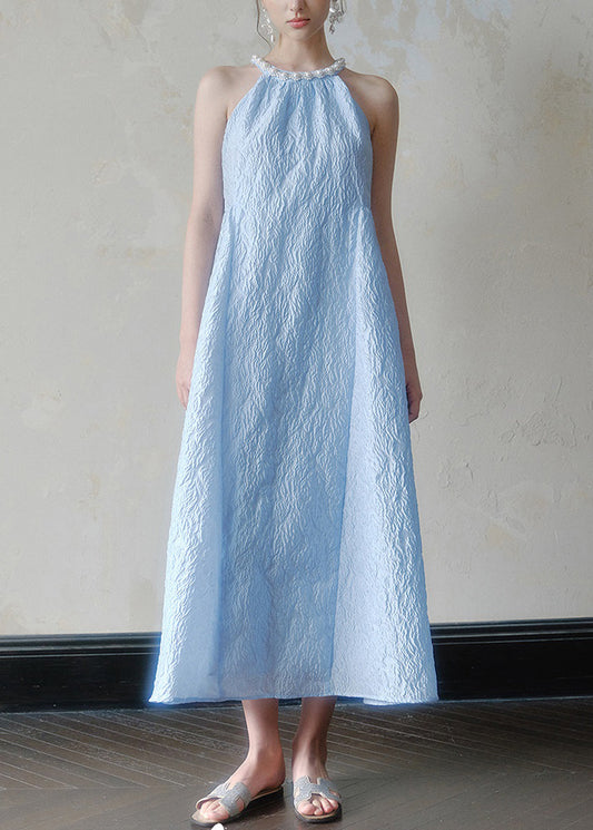 Jacquard Blue Halter Beading Maxi Dress Summer