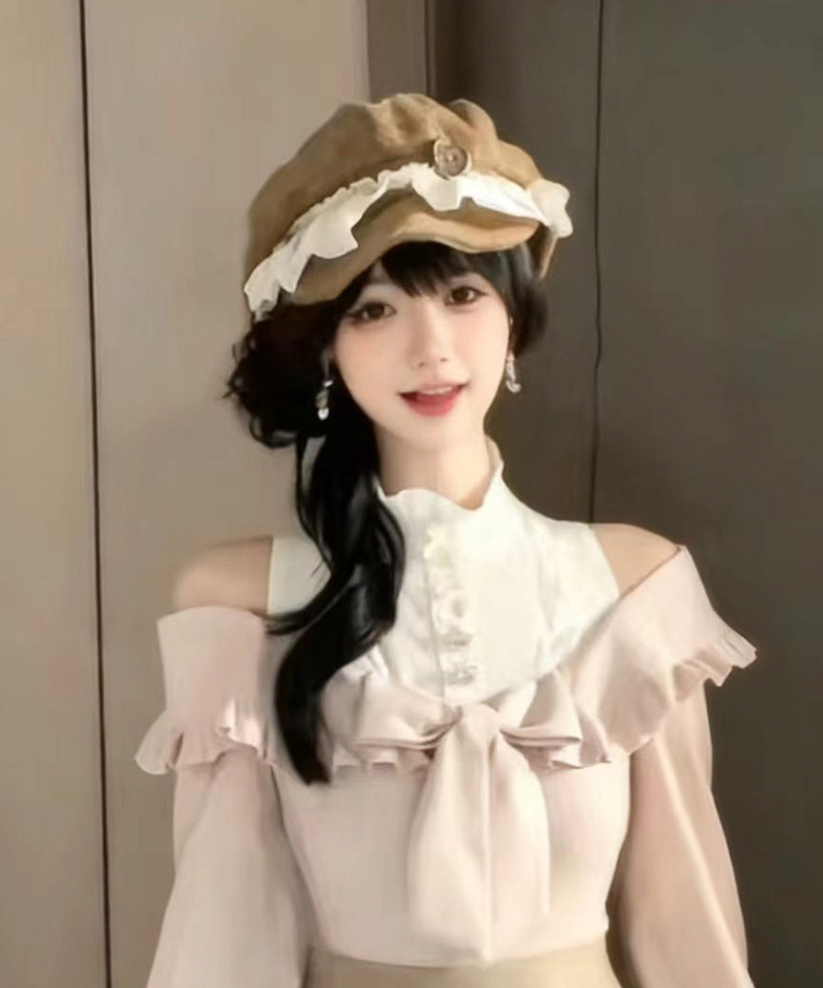 Japanese Khaki Lace Ruffled Octagonal Breton Hat