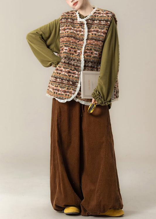 Japanese Style Faux Fur Vest Lace Patchwork Top And Pants 3 Piece Outfit Winter