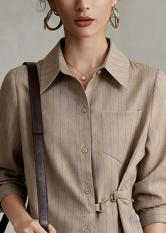 Khaki Striped Cotton Blouses Side Tie Waist Spring