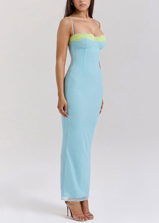 Lake Blue Tie Waist Solid Tulle Long Spaghetti Strap Dress Dresses Summer