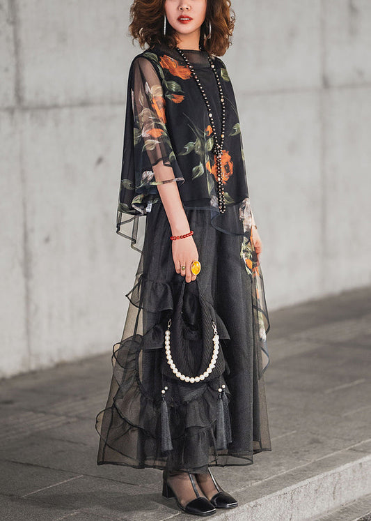 Loose Black Asymmetrical Print Ruffled Tulle Two Pieces Set Half Sleeve