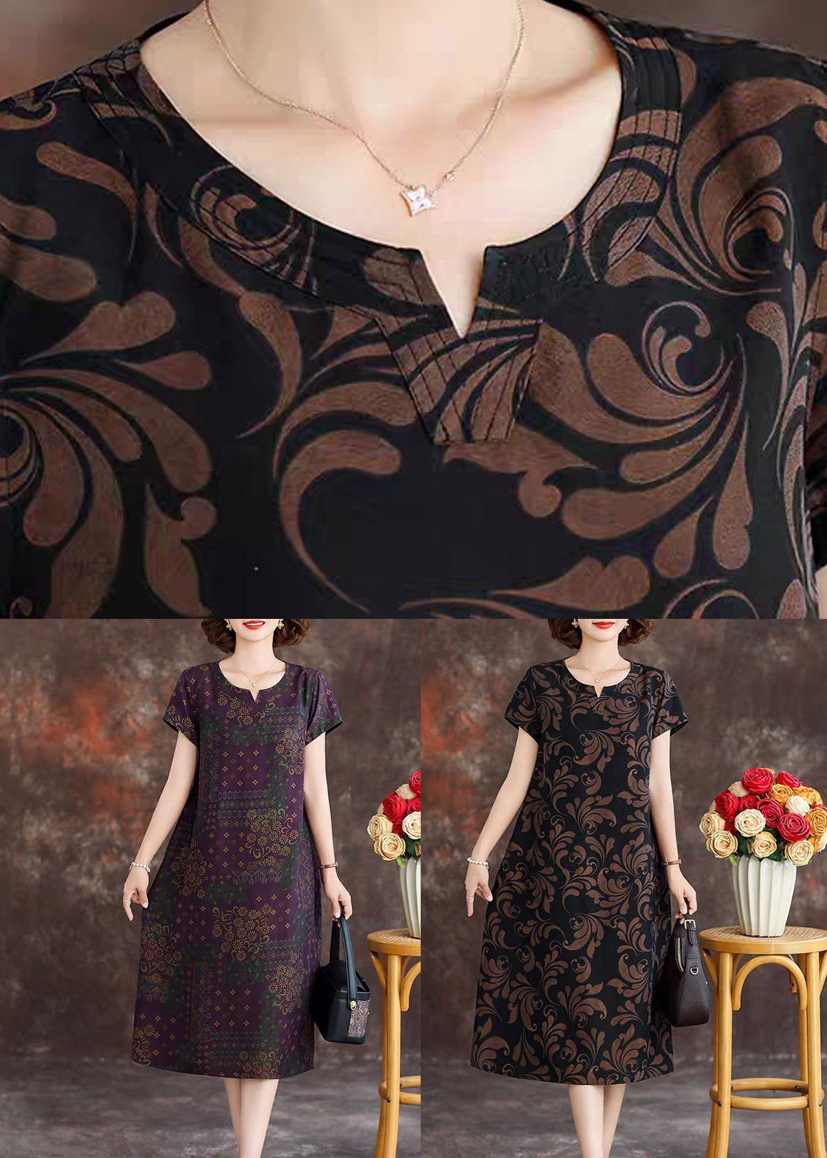 Loose Black O-Neck Print Silk Maxi Dresses Summer