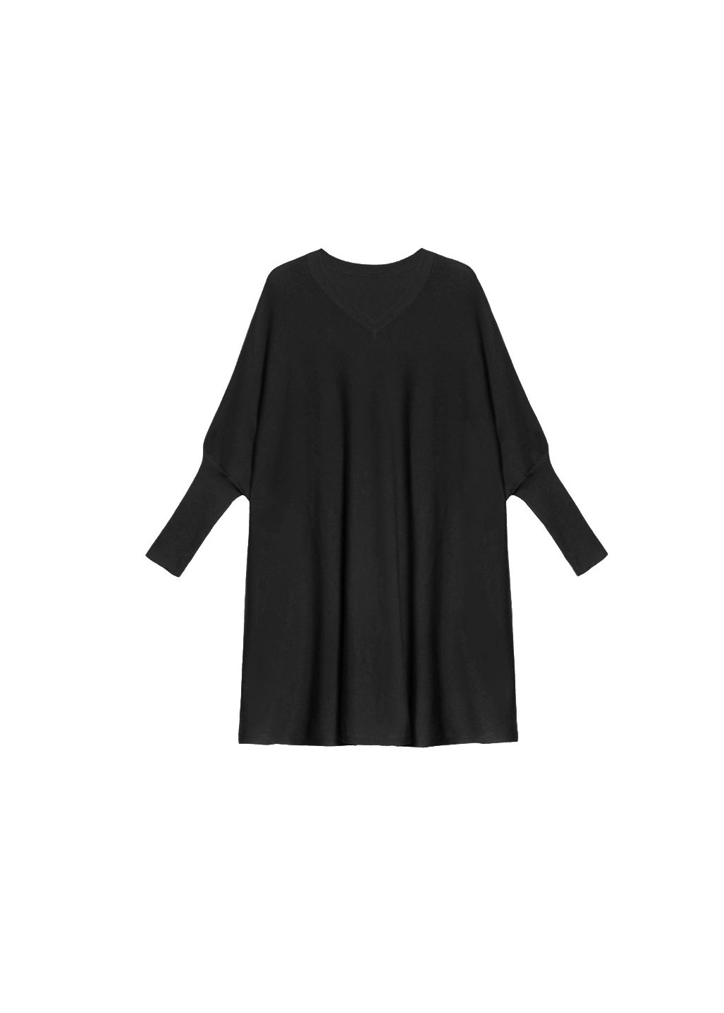 Loose Black V Neck Patchwork Knit Dress Batwing Sleeve