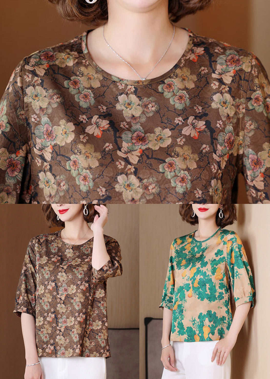 Loose Coffee O Neck Print Wear On Both Sides Silk Shirts Summer