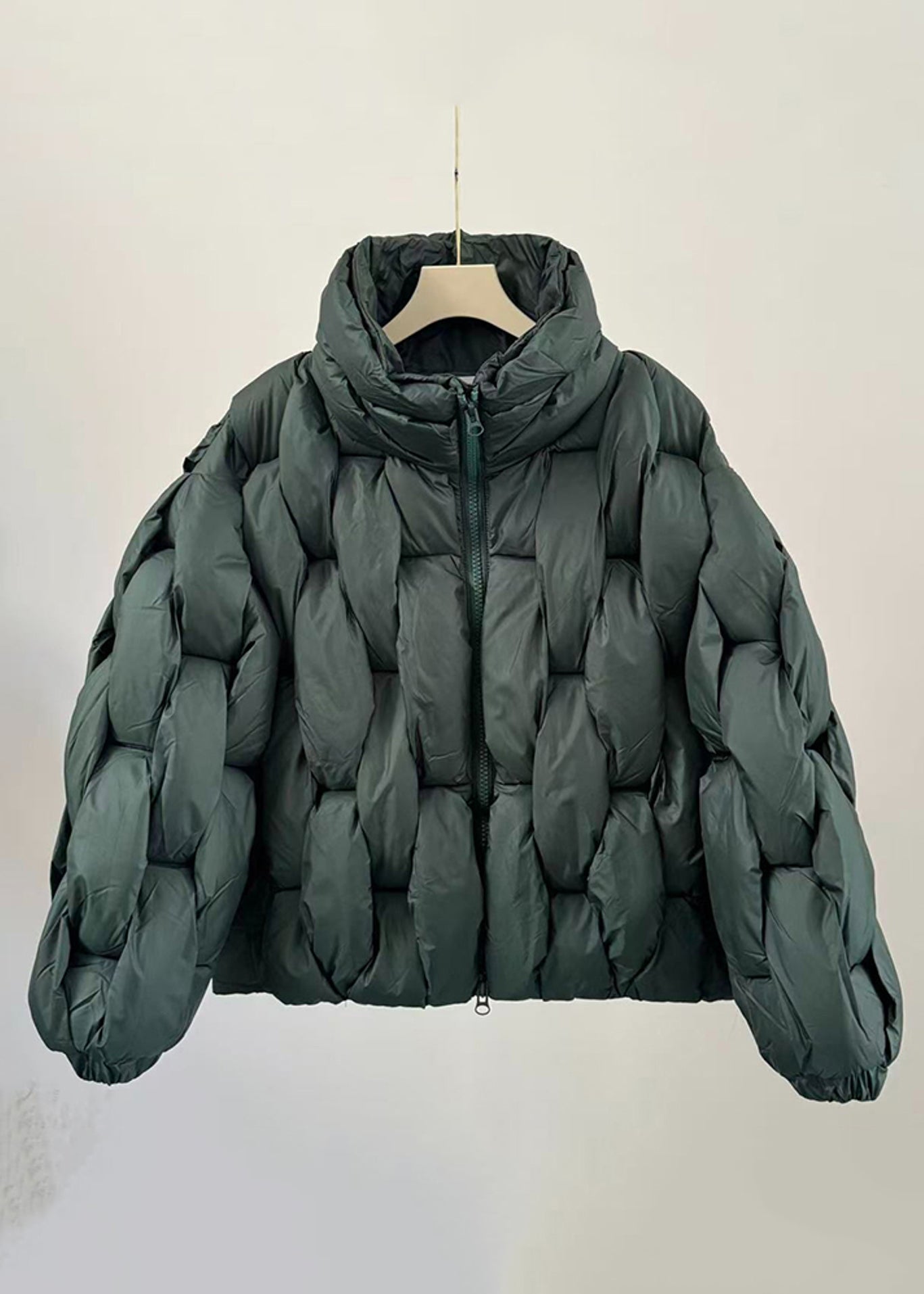 Loose Green Stand Collar Zip Up Solid Fine Cotton Filled Parkas Winter