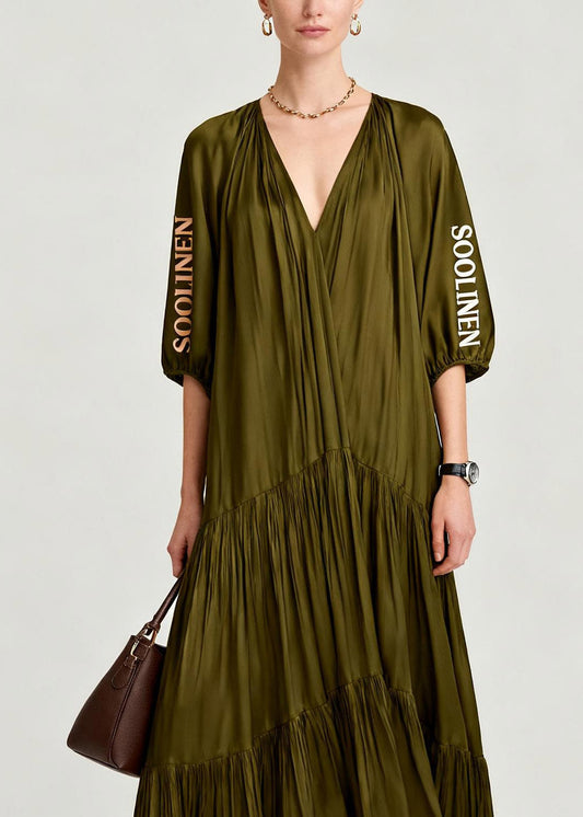 Loose Olive Green V Neck Wrinkled Maxi Dresses Summer