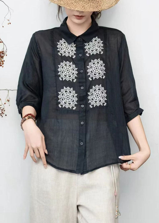 Loose Orange Peter Pan Collar Embroidered Linen Tops Summer