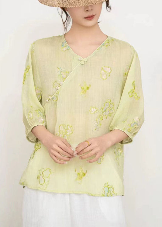 Loose Pink V Neck Embroidered Linen T Shirts Summer