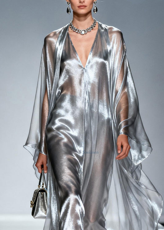 Loose Silver V Neck Asymmetrical Silk Robe Dresses Summer