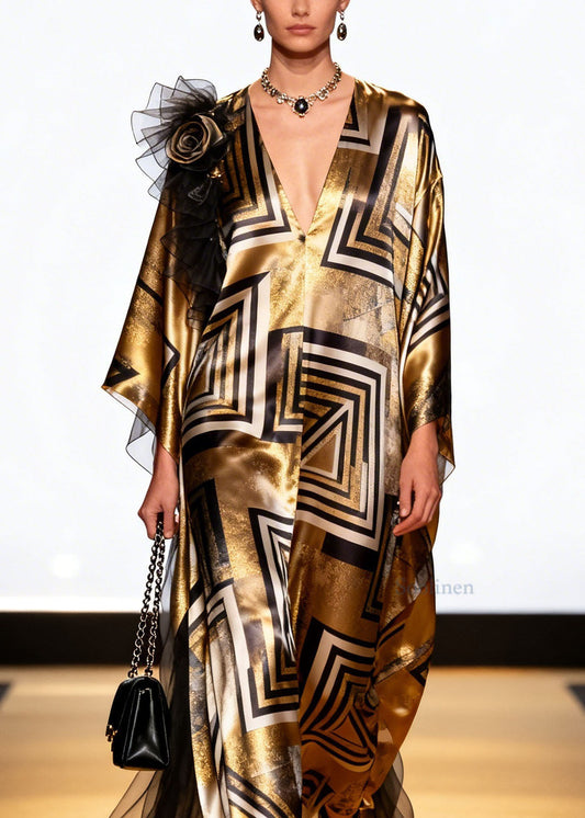 Loose V Neck Print Floral Patchwork Silk Long Dress Spring