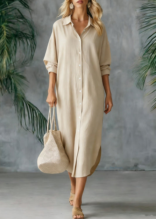Loose White Peter Pan Collar Button Side Open Linen Shirts Dresses Spring