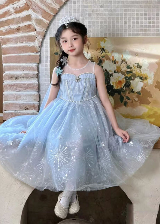 Lovely Blue Sequins Pearl Tulle Kids Girls Robe Dresses Summer