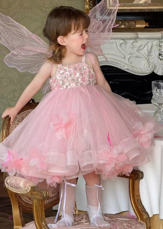 Lovely Pink Embroideried Tulle Kids Long Spaghetti Strap Dress Summer