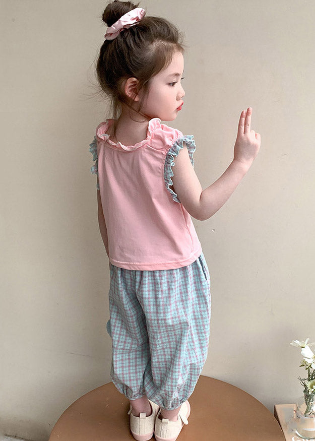 Lovely Pink Ruffled Patchwork Girls T Shirt And Crop Pants Two Pieces Set Summer