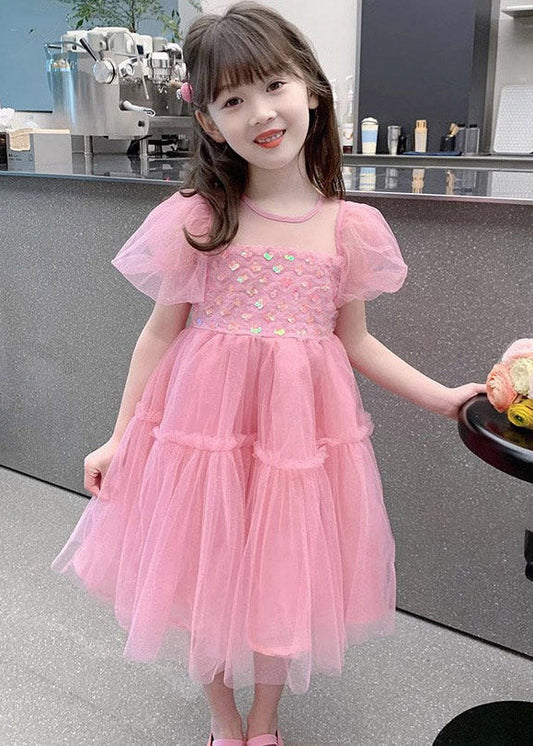 Lovely Pink Ruffled Patchwork Tulle Kids Maxi Dress Summer