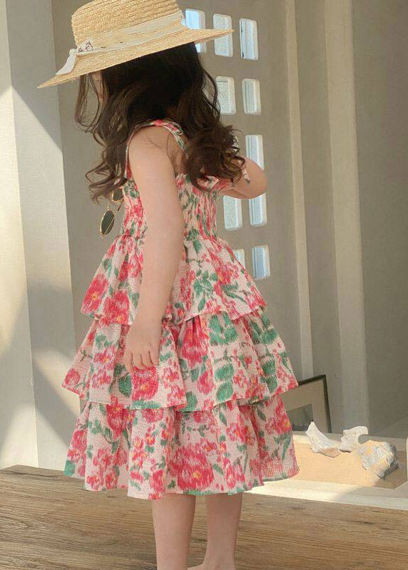 Lovely Square Collar Print Patchwork Girls Long Spaghetti Strap Dress Summer