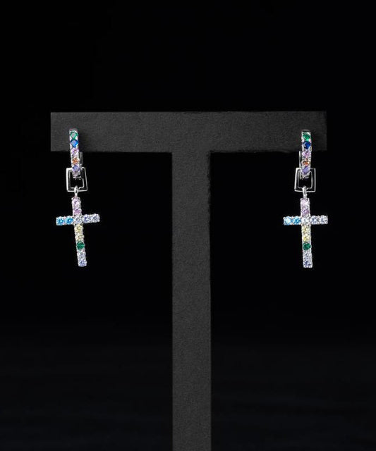Men Rainbow Sterling Silver Zircon Cross Hoop Earrings