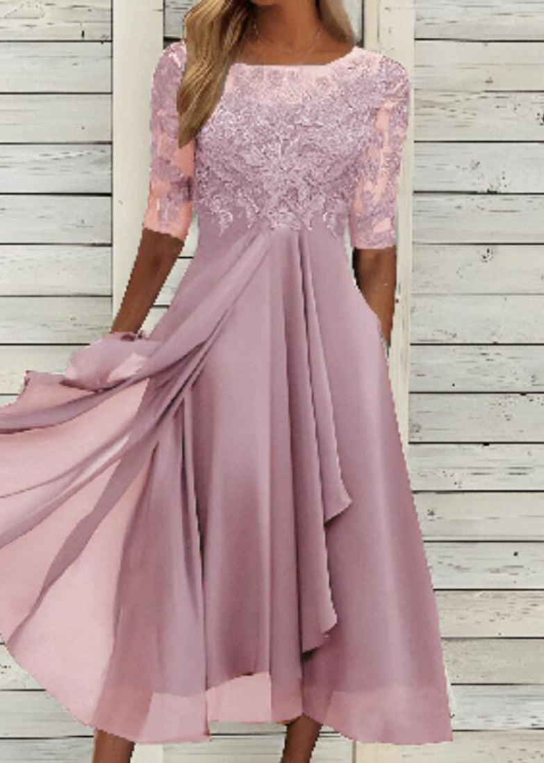 Modern Blue O Neck Ruffled Lace Patchwork Chiffon Dress Summer