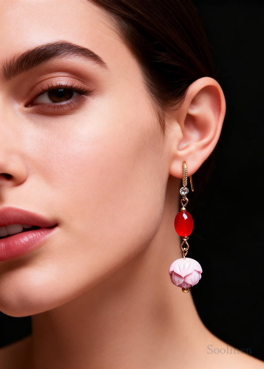 Modern Pink Lotus Flower Stone Drop Earrings