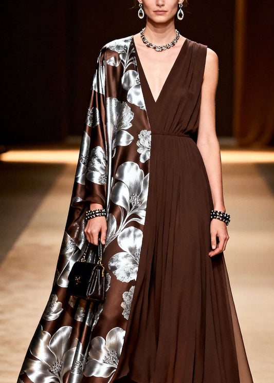 Modern V Neck Asymmetrical Design Patchwork Silk Maxi Dress Summer