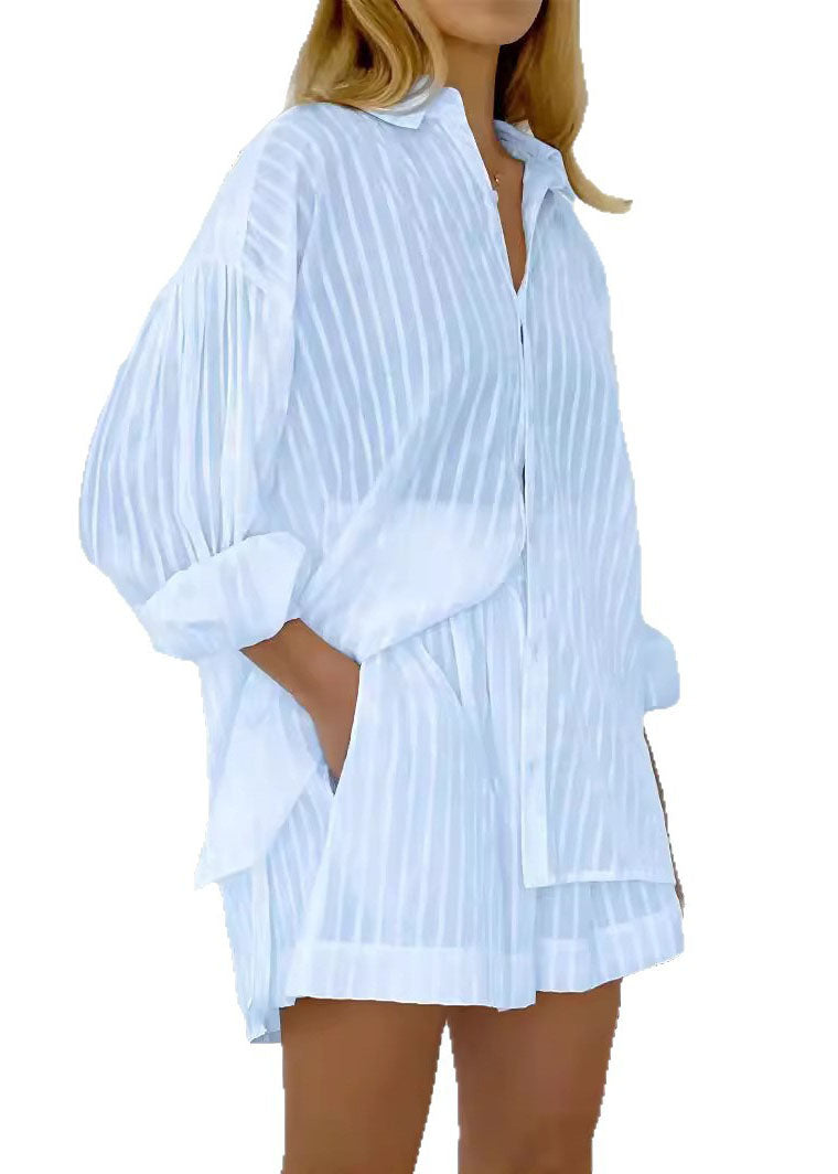 Modern White Striped Shirts And Shorts Cotton Two Pieces Set Spring