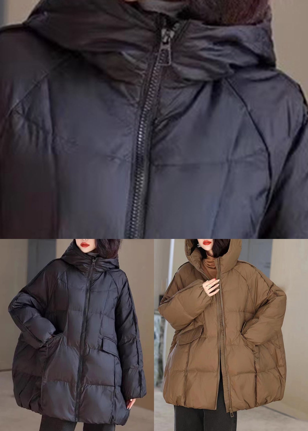 Natural Black Stand Collar Pockets Solid Hooded Puffer Jacket Winter