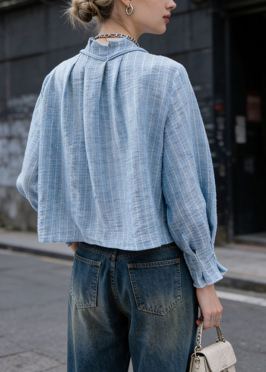 Natural Blue O Neck Striped Cotton Shirt Top Spring