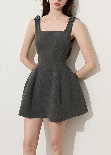 Natural Grey Square Collar Bow Cotton Mini Dress Summer