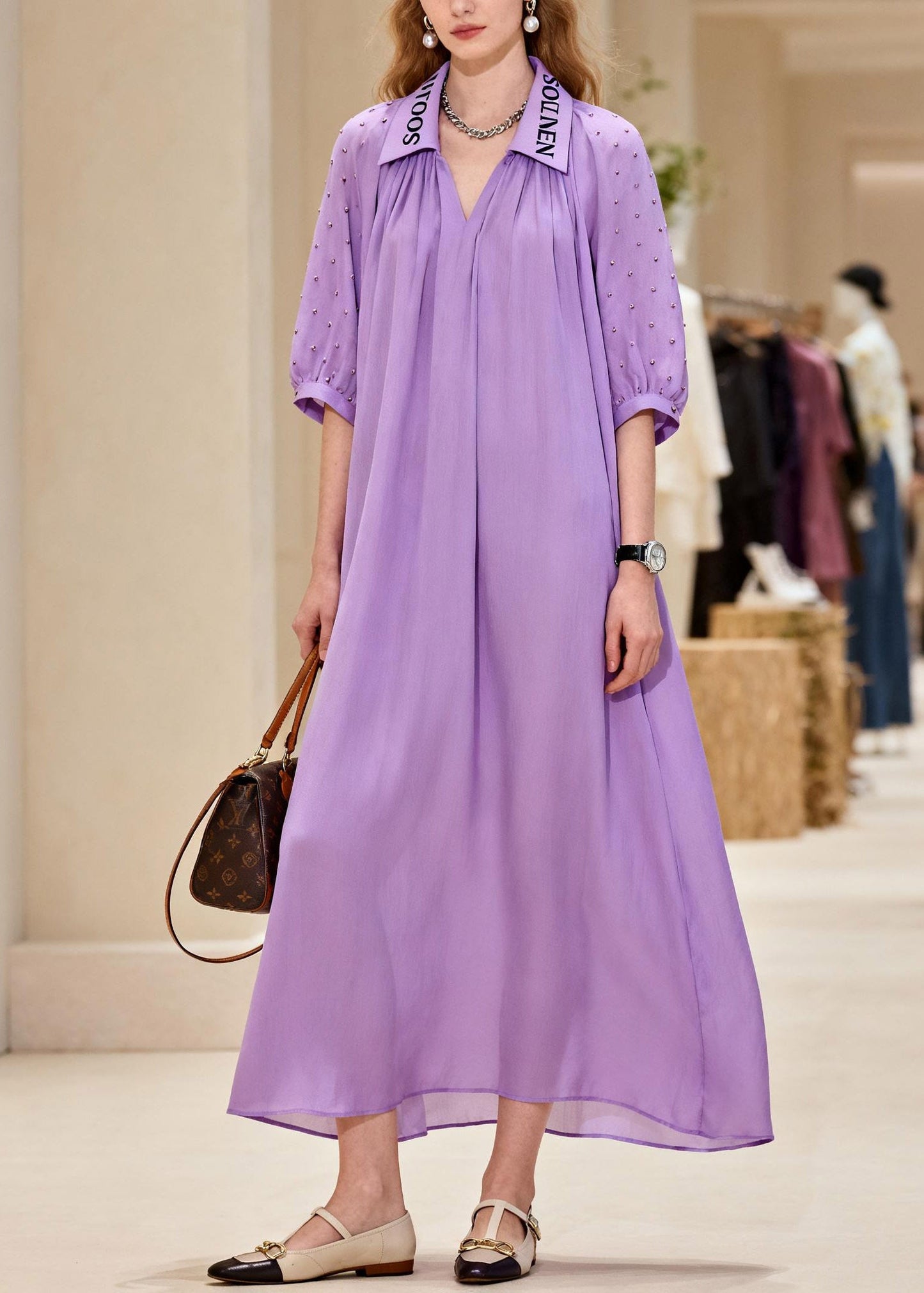 Natural Purple Peter Pan Collar Chiffon Maxi Dresses Summer