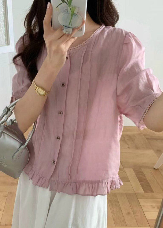 Natural White O-Neck Ruffled Linen Top Short Sleeve