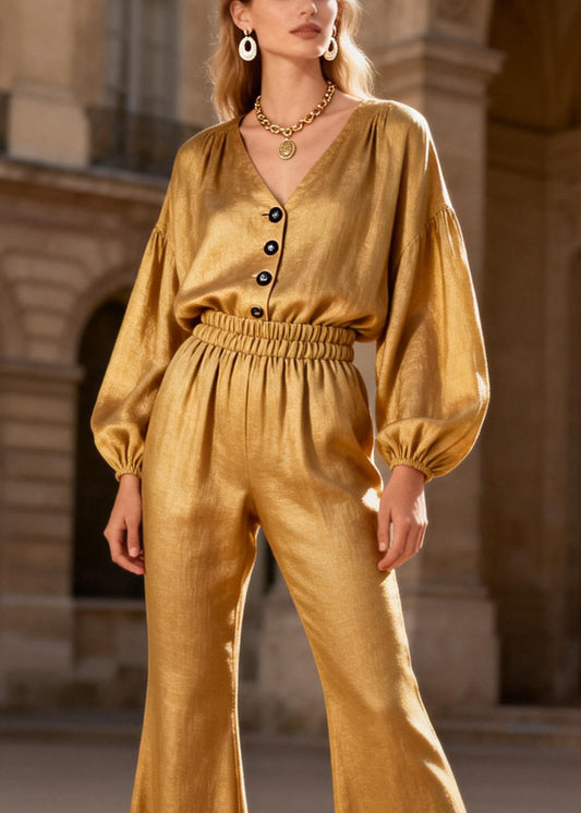 Natural Yellow Patchwork Button Shirts And Flared Trousers Two Pieces Set Lantern Sleeve