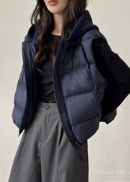 Navy Drawstring Solid Patchwork Duck Down Waistcoat Zippered Winter