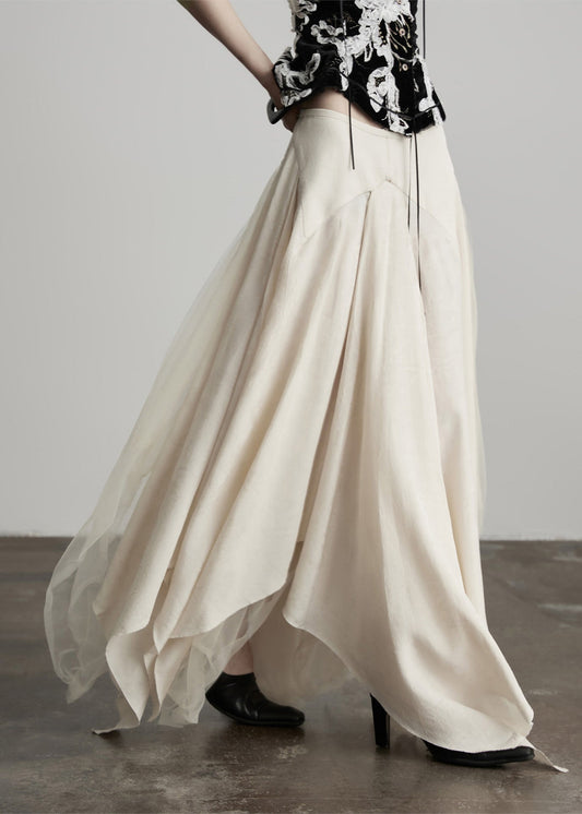 New Beige Asymmetrical Tulle Patchwork Linen Silk Skirt Spring