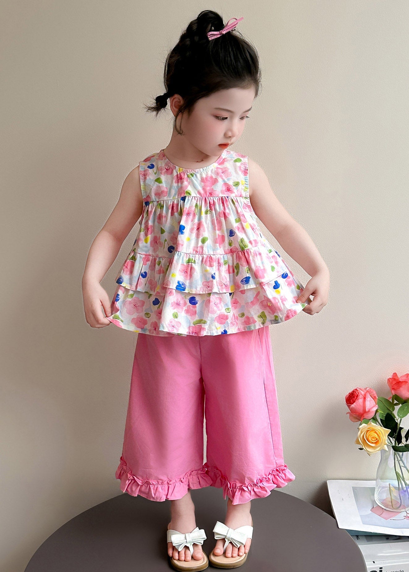 New Pink Print Bow Girls Vest And Crop Pants Two Pieces Set Summer