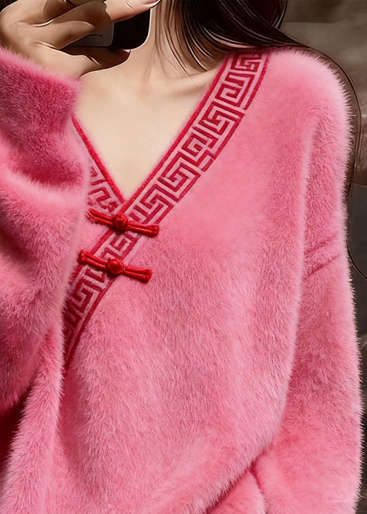 New Pink V Neck Chinese Button Cozy Mink Hair Knitted Sweater Spring