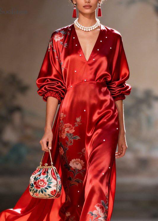 New Red V Neck Print Pearl Silk Long Dress Summer